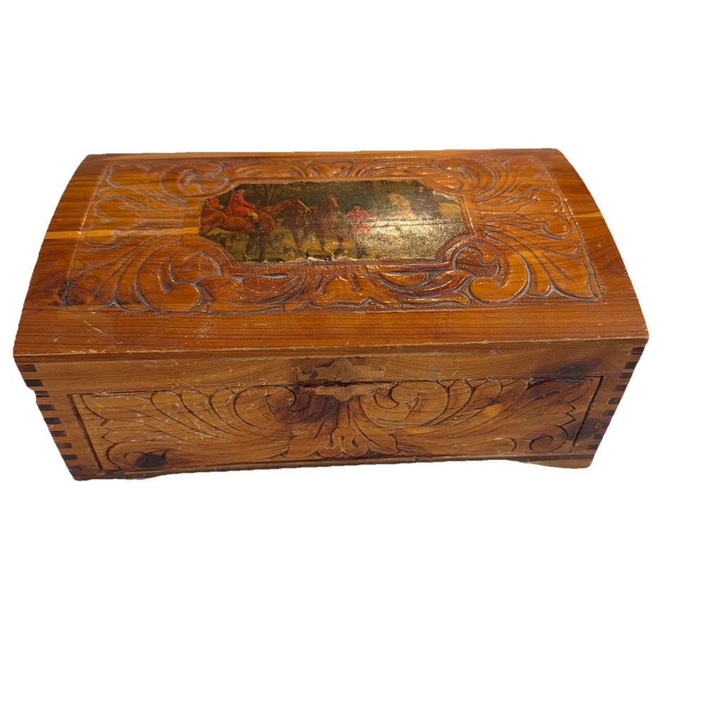 Vtg Carved Decoupage Horse Pic Cedar Dove Tailed Mirrored‎ Keepsake Jewelry Box
